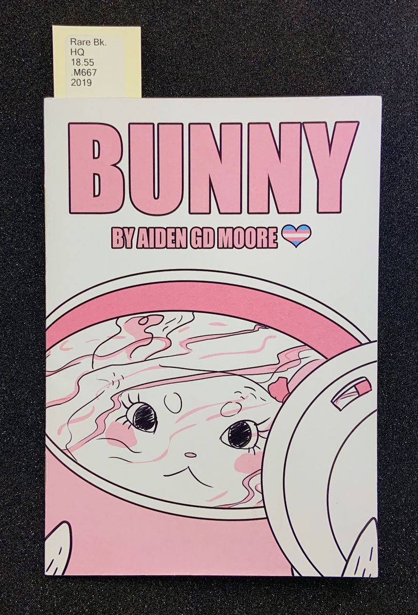 Cover of Bunny, an artist's book by Aiden GD Moore. An illustration of a rabbit appearing to gaze at its reflection in a large container of water decorates the cover. A heart colored with the stripes of the trans flag is beside the author's name.