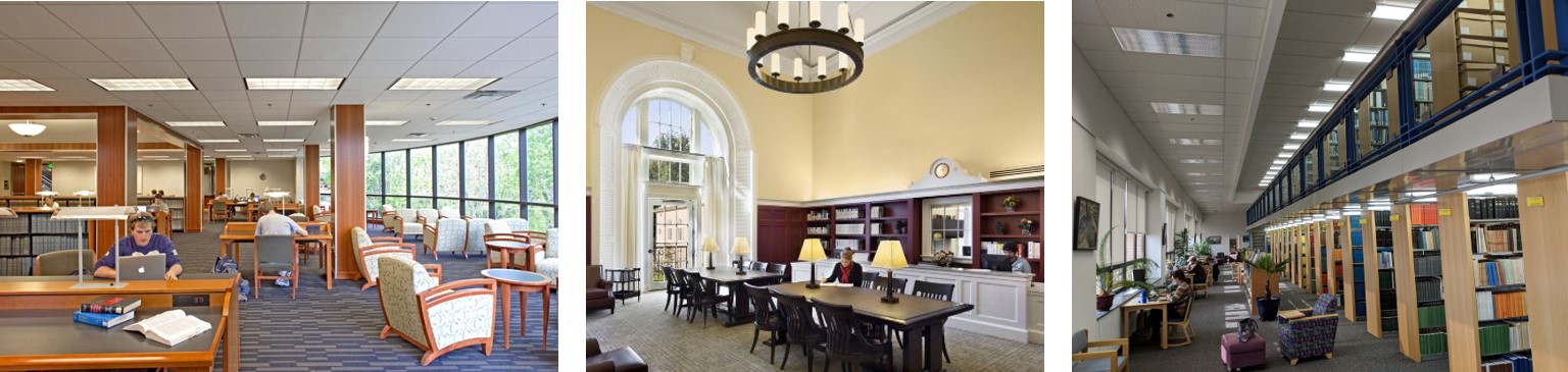 Three photos from left to right showing the interiors of different campus libraries: Law Library, Business Library, and VIMS Library.