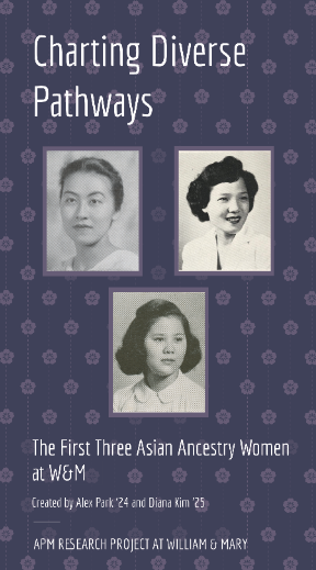 Exhibit banner image with photos of first three Asian American women to attend W&M