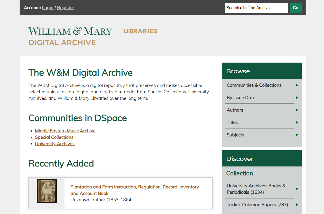 Screenshot of W&M Libraries Digital Archive homepage.