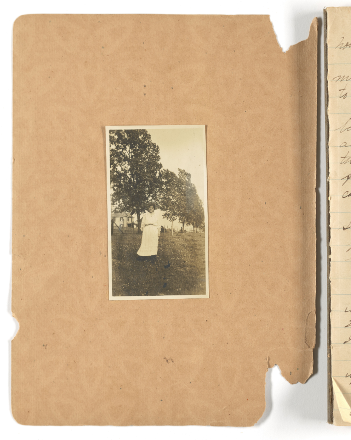 Martha Barksdale's diary, featuring a black-and-white image of a woman, presumably Barksdale, attached to the inside of the front cover.