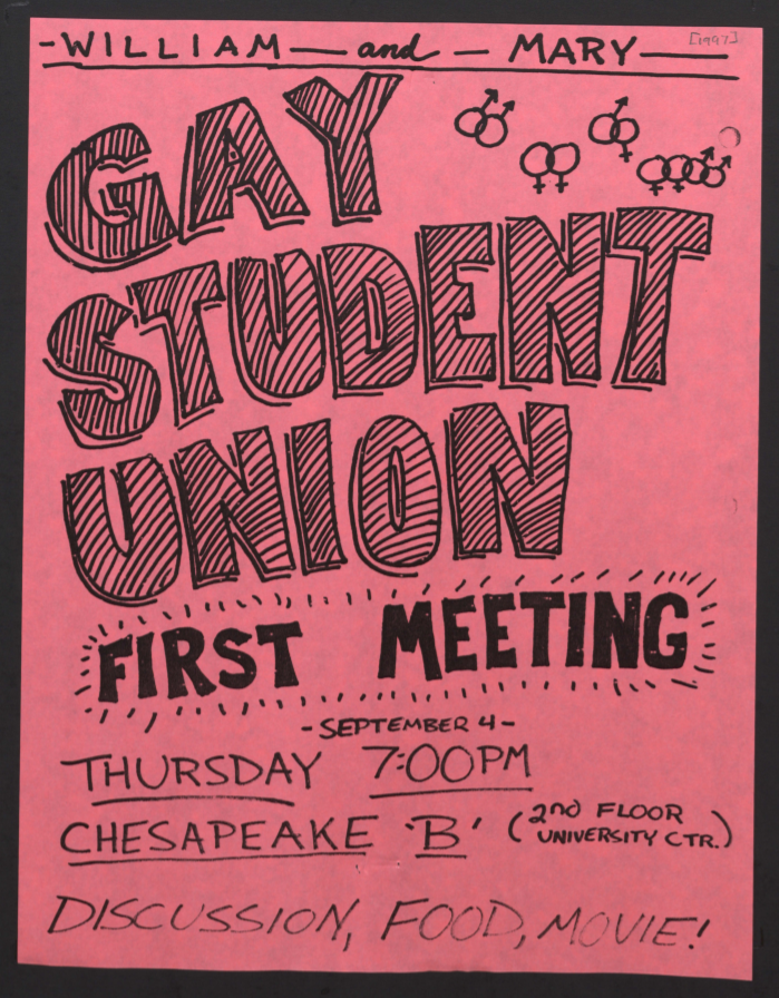 Pink, handwritten flyer announcing the first meeting of the W&M Gay Student Union for the fall 1997 semester.