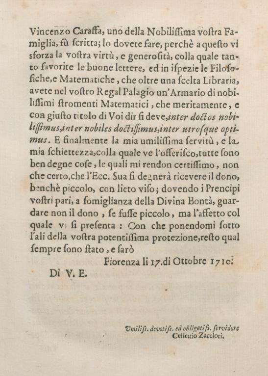 Last page of Cicarelli's letter (in Italian) to the reader of Galileo's Dialogo. The letter is signed "Cellenio Zacclori" at the bottom of the page, an anagram for Cicarelli's real name.