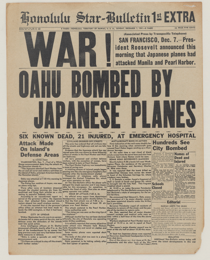 Front page of Honolulu Star-Bulletin, December 7, 1941. The headline reads, large, bold font, "War! Oahu Bombed By Japanese Planes."