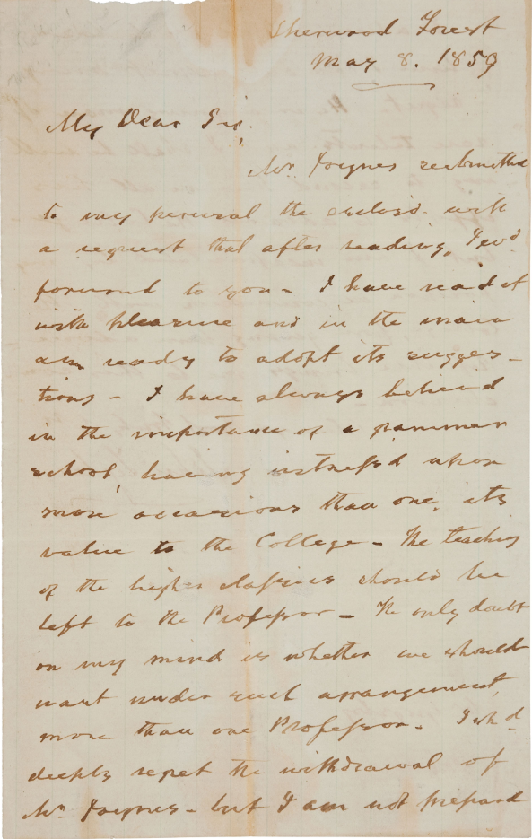 Handwritten letter from President John Tyler to H.B. Grigsby regarding Edward Joyner's proposal for W&M's Grammar School. Dated May 8, 1859 and sent from Sherwood Forest.