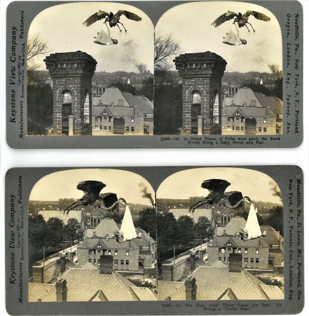 Two stereoviews, one showing a stork delivering a baby and the other showing a stork delivering a teddy bear.