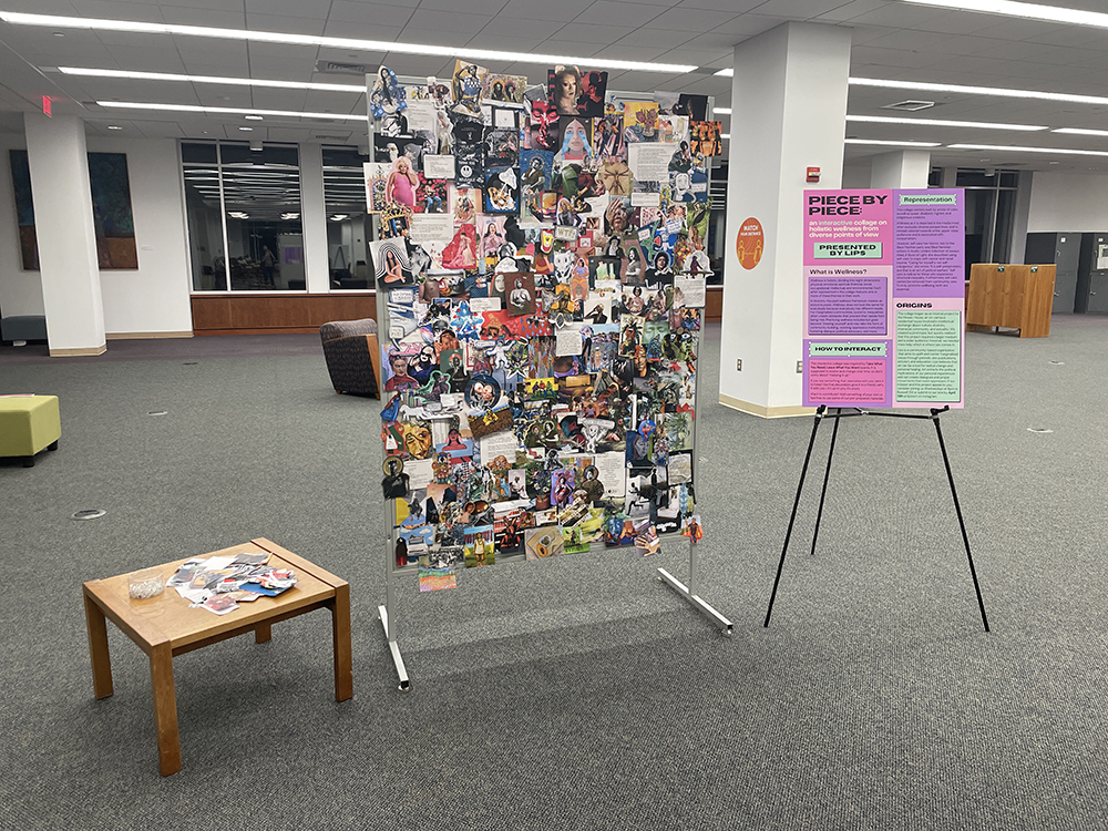 Image of a freestanding bulletin board with collaged photos, illustrations, and poetry in a library