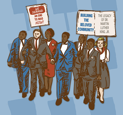 illustration of Civil Rights era protesters with signs