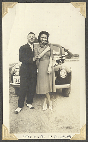 A couple standing in front of a car, annotated "Nat & Me at Yorktown," circa 1940. Charles Edward Gary, Jr. Papers (MS 00017)