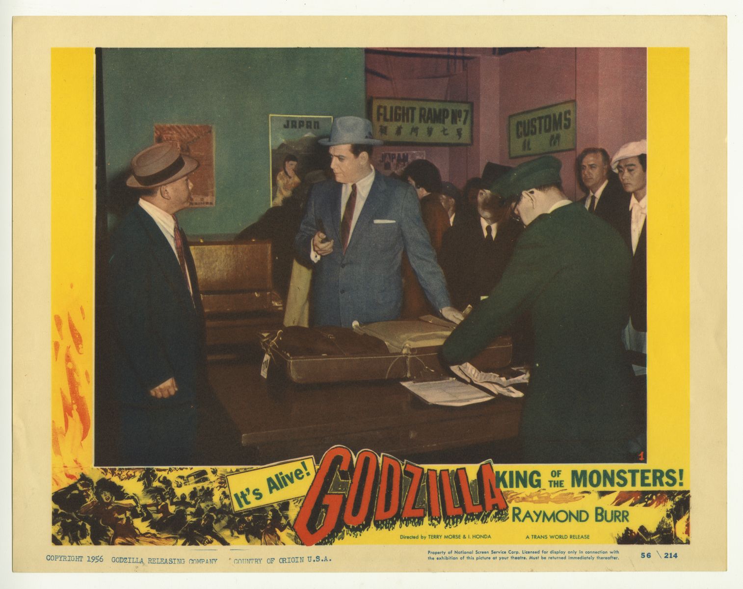 This 1956 poster is for the American version of Godzilla (originally released in 1954), which was re-edited for a Western audience. This version omits references to atomic bombs and features a reporter played by Raymond Burr, who was included to appeal to American viewers.    (Diane E. Clark Movie Poster Collection, MS 00081) 