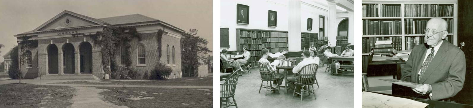 Three photos, from left to right: Photo of the Library, students studying in the library, Earl Gregg Swem portrait.
