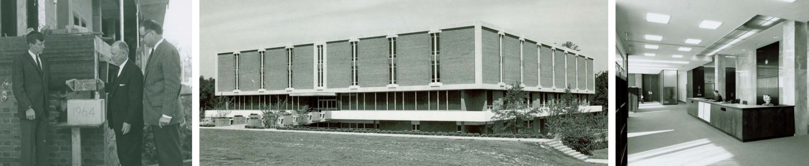 Three photos from left to right: three people placing the cornerstone of Swem Library, the exterior of Swem, and the circulation desk from the 1960s.
