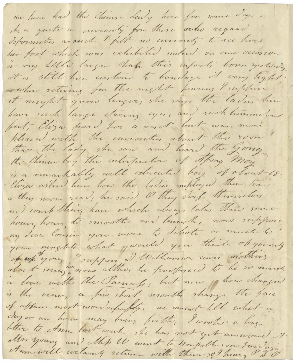 Handwritten letter by Sally Lambert relating her sister's visit to see Afong Moy exhibited