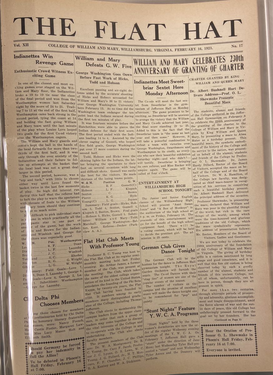 Front page of the February 16, 1923 issue of The Flat Hat