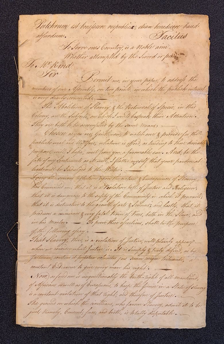 Page one of Arthur Lee's handwritten "Address to the Virginia General Assembly" manuscript. Lee writes to "Mr. Rind" of the Virginia Gazette, and lays out his reasoning for thinking enslavement is unjust and immoral.
