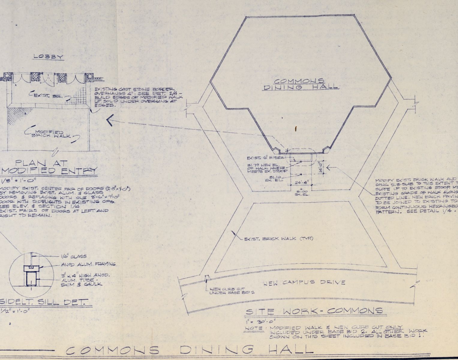 Sketch (1979) in blue ink of planned renovations to the Commons Dining Hall to meet physical accessibility considerations. 