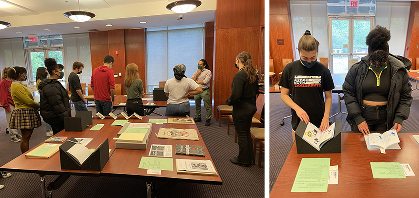 Students and a professor examine zines and related materials in Special Collections