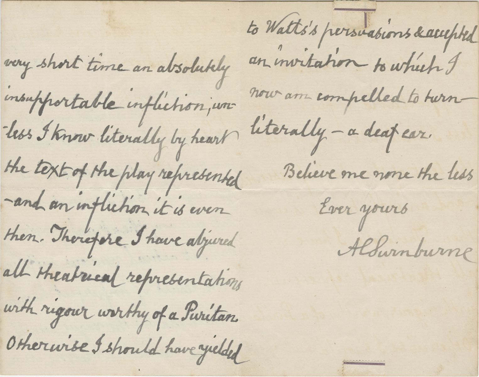 Letter in Swinburne's handwriting