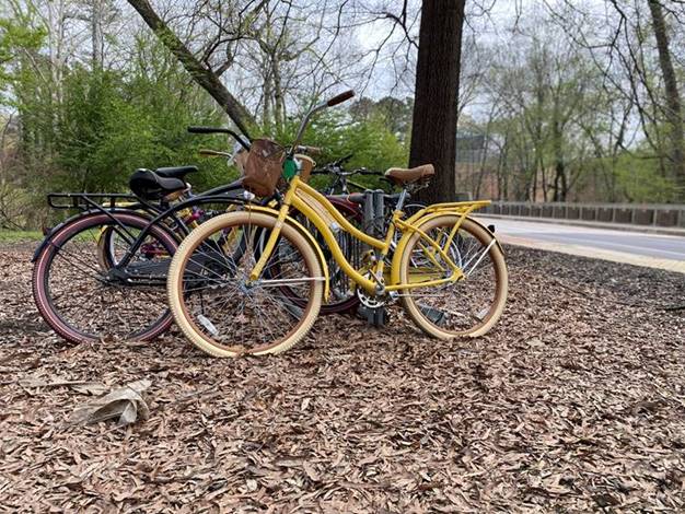 Image of a yellow bicycle among less colorful bikes.
