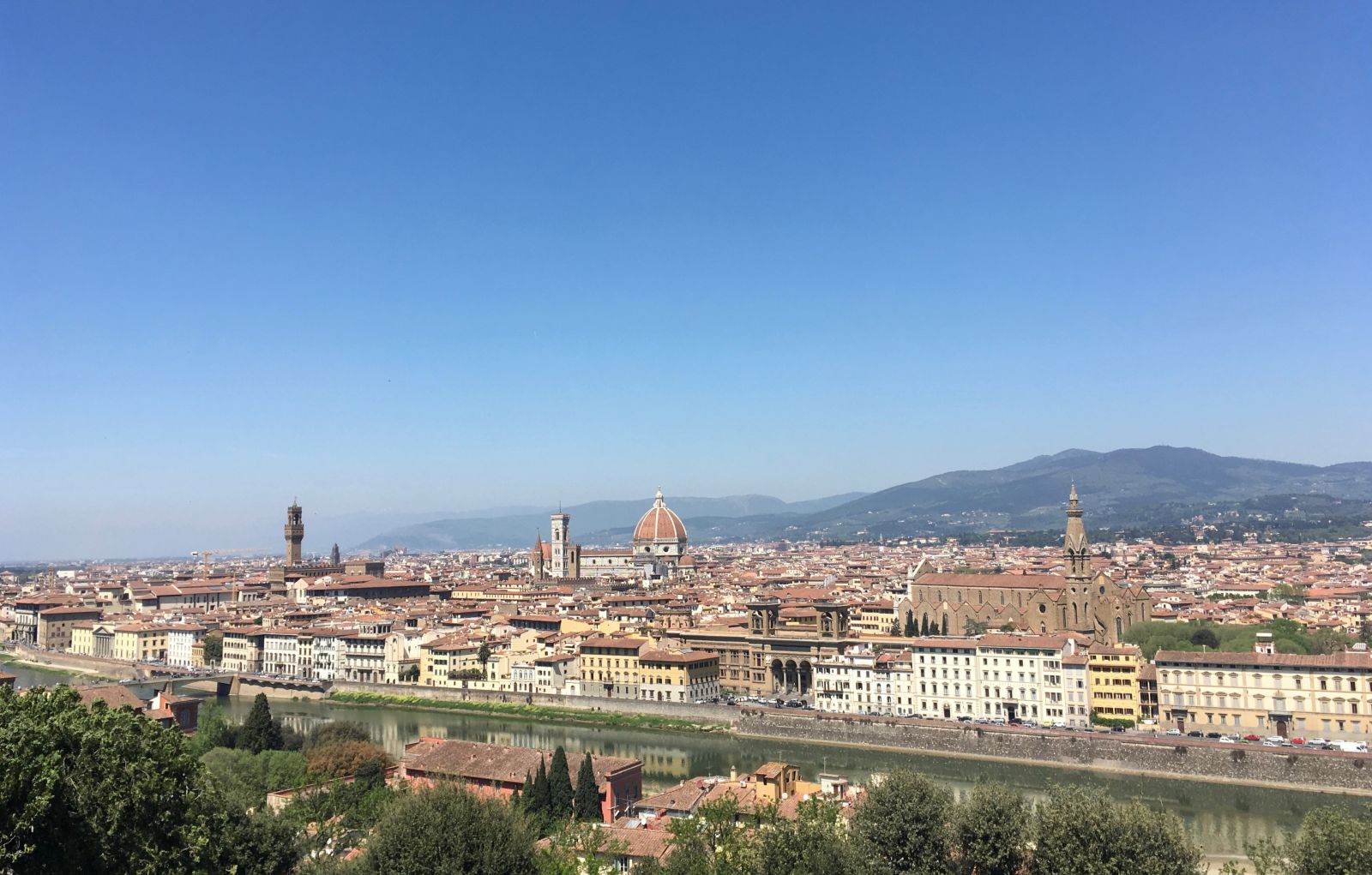 Landscape/cityscape view of Florence, featuring several densely packed modern and historic buildings. Wooded mountains line the background.