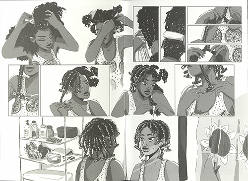 Interior page of Wash Day, in which follows Kimana, a 26-year-old woman living in the Bronx, as she cares for her long, thick hair.