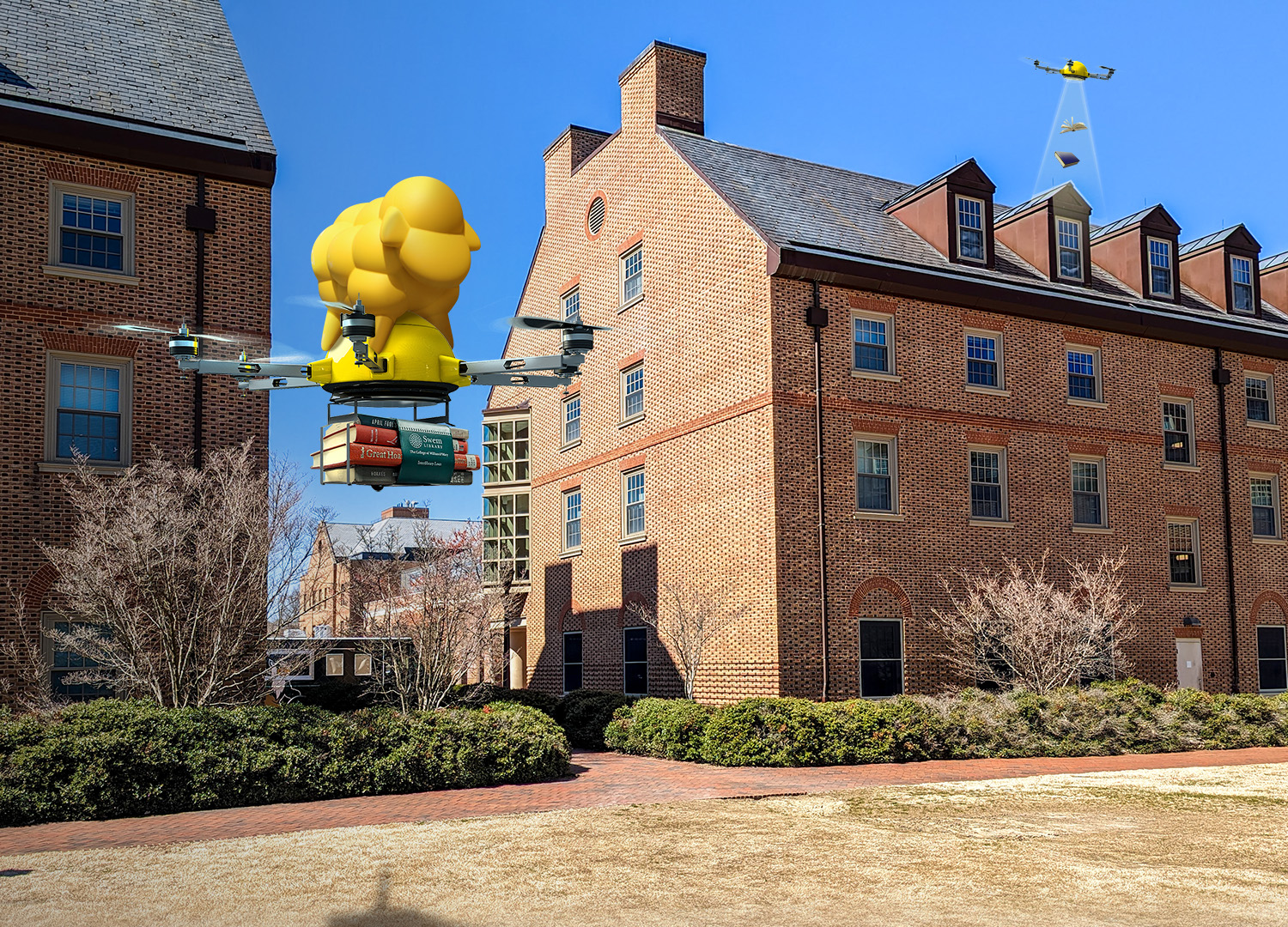 Composited image of a drone carrying a stack of books to a campus dorm