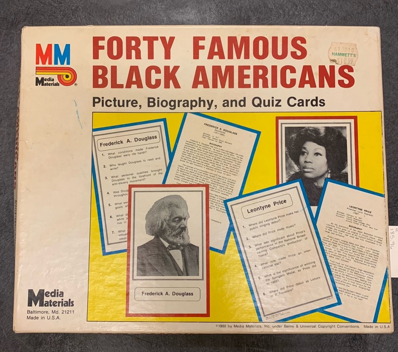 Forty Famous Black Americans game box, showcasing some of the figures mentioned in the game (Forty Famous Black Americans, 1988, id262248, Artifact 3. Racial and Ethnic Ephemera Collection, Mss 1.05). 