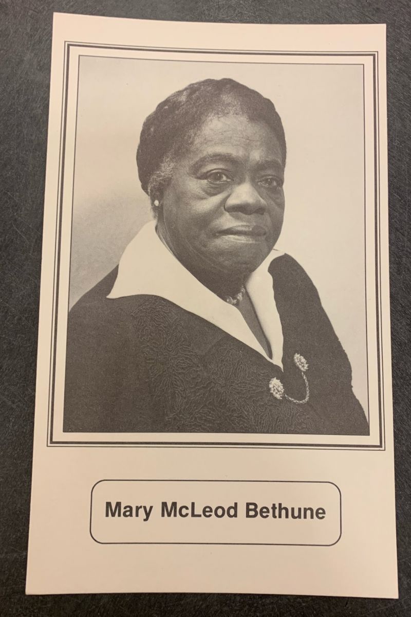 Photo, biography, and trivia cards regarding Mary McLeod Bethune, one of the most important Black educators of the twentieth century. A former advisor to President Franklin Delano Roosevelt, Bethune would found the school that eventually became Bethune-Cookman University in Florida (Forty Famous Black Americans, 1988, id262248, Artifact 3. Racial and Ethnic Ephemera Collection, Mss 1.05).