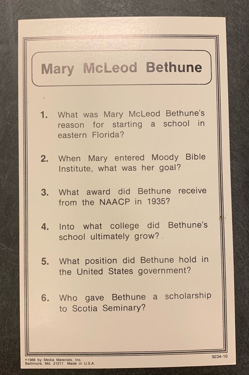 Verso of Mary McLeod Bethune card