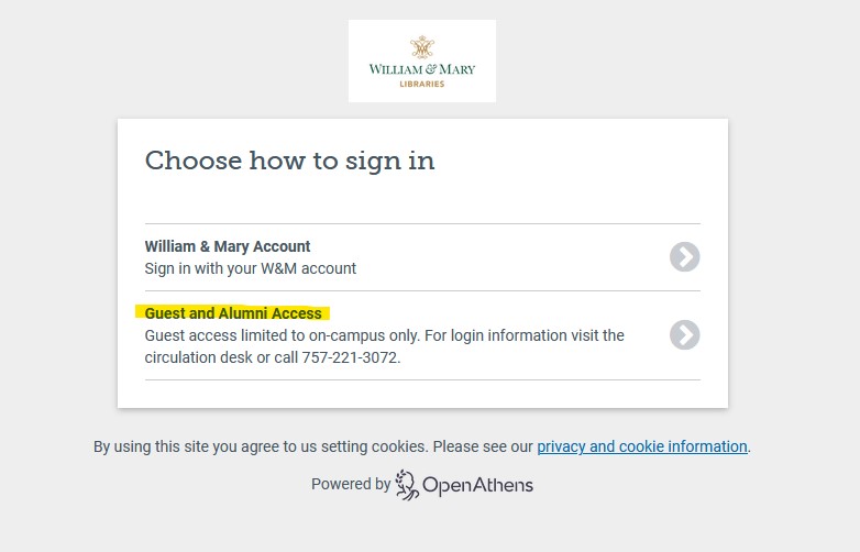 Screenshot of the login screen with the second option for Guest and Alumni Access highlighted