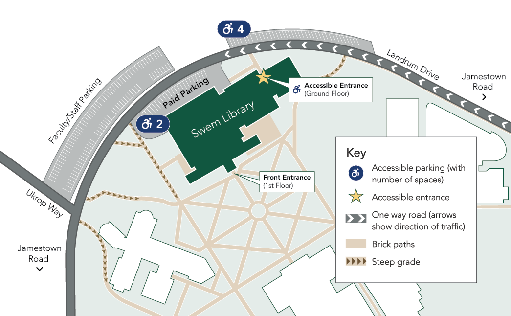 Map showing Swem Library on Landrum Drive, with parking spaces, entrances, and steep path grades indicated