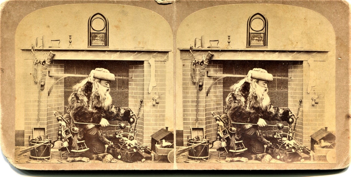 Stereoview showing Santa before the chimney