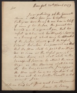 James Delancey Letter to William Kemp, 1759.