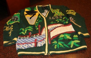William & Mary Knit Cardigan Sweater with a depiction of the Crim Dell on the front