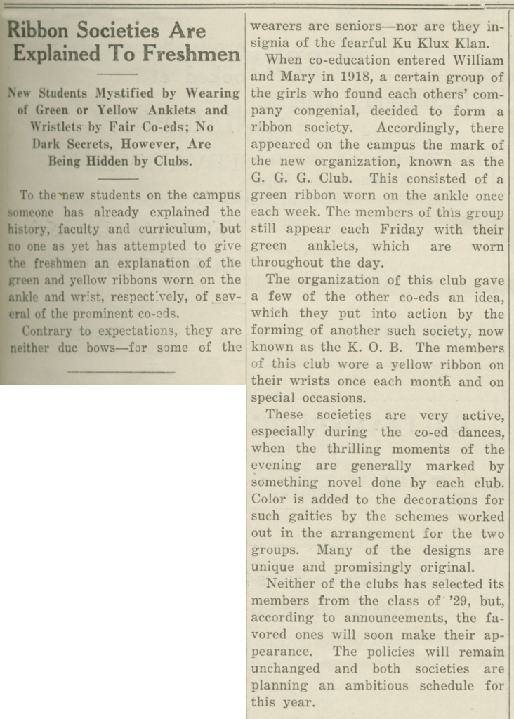 "Ribbon Societies are Explained to Freshmen," Flat Hat, 2 Oct. 1925