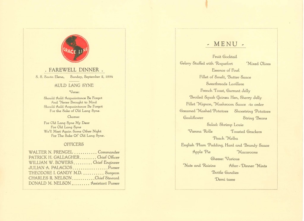 SS Santa Elena Farewell Dinner Menu, 2 Sept. 1934. Marie Katherine and Oliver E. Seegelken Papers, 1918-1943 (Mss. Acc. 2014.083)