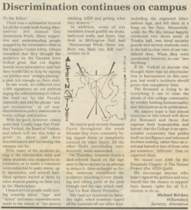 "Discrimination continues on campus" letter to the Editor, Flat Hat, 1992