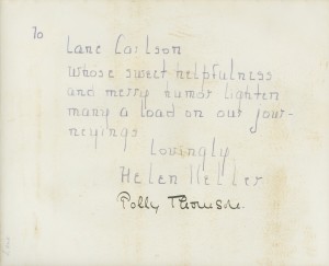 Inscription by Helen Keller on reverse of photo. Lane Carlson Papers, Mss. Acc. 2014.026