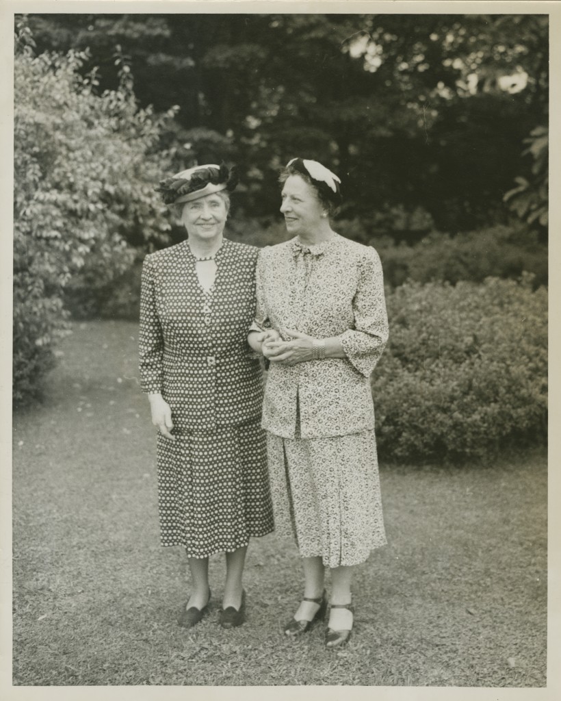 Photo of Helen Keller (left) and Polly Thompson (right). Lane Carlson Papers, Mss. Acc. 2014.026