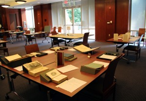 The Special Collections reading room set-up for a creative writing class visit.