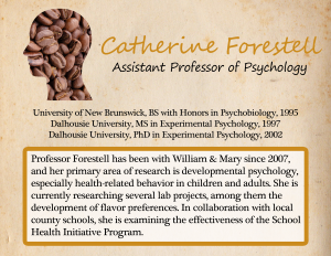 Biographical label for Professor Catherine Forestell from "Open Minds: An Exhibit of Psychology Department Faculty Publications."