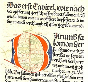This enlarged excerpt from a page of Anton Koberger's Ninth German Bible (Biblia Nona Germanica), Rare Book BS237 1483, highlights one of the hand colored initials.