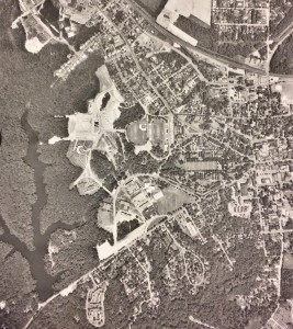 Aerial photograph depicting campus and Lake Matoaka, 1969. From the Buildings and Grounds series in the University Archives Photography Collection, 1856-2015. UA 8.