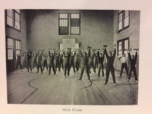 "Gym Class," p. 8. A gym class being held in 1917, when gym was still part of the curriculum! Clearly the 1917 gymnasium was a little different from today’s Rec Center.
