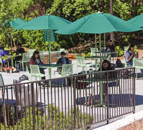 Sunny day on the patio with students sitting at umbrella shaded tables