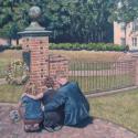 Painting of three students sitting in the Sunken Garden