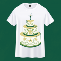 White t-shirt on green background with a green and yellow birthday cake on front, with text "Happy Birthday, William & Mary! below
