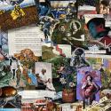 A photo of collaged paintings, photos, and poems