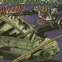 Comic image of superhero Hardware battling against enemies flying in a helicopter