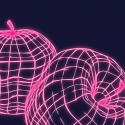 Vector style drawing of apples with bright pink lines on a dark background 
